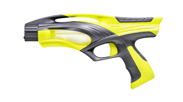 Isolated yellow and gray plastic toy water blaster with modern design, children's outdoor summer fun