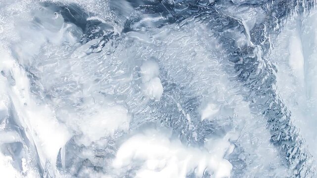 Frozen ice macro texture. Closeup blue glacier ice cracks cold winter background