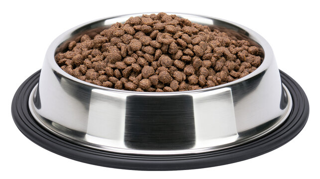 Isolated stainless steel pet food bowl full of dry brown kibble for dogs or cats