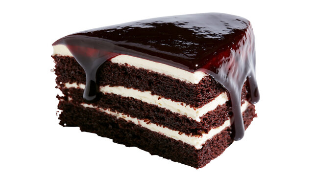 Isolated delicious chocolate cake slice with rich dark ganache icing dripping down