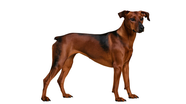 Isolated brown and black Pinscher dog standing elegantly in profile, full length studio shot