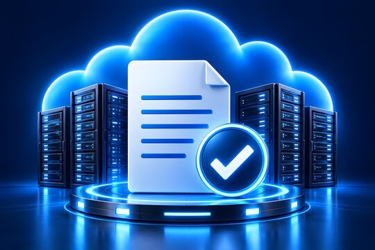 Secure cloud document storage concept with check mark validation on digital file and server background