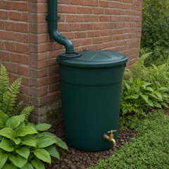 Obraz premium Green Rainwater Harvesting Barrel Beside Brick House