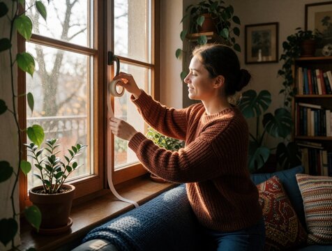 Young woman applies white sealing tape to wooden window frame to stop drafts. Person performs DIY home improvement for better heat insulation. Female worker improves energy efficiency in cozy living