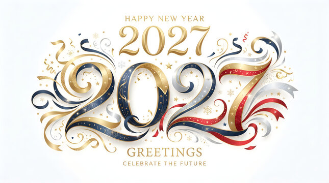 Dynamic and elegant "2027" typography artfully crafted from flowing gold, blue, and red ribbons, adorned with glitter and stars, featuring "HAPPY NEW YEAR" and "GREETINGS" text, isolated on transparen
