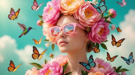 Obraz premium Young woman wears pink sunglasses, large floral crown. Colorful butterflies, hummingbird fly around head in bright garden. Whimsical fantasy concept with blooming flowers, summer nature vibes. Dreamy