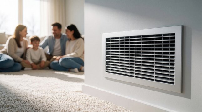 Modern air vent on white wall in living room. Happy family sits on carpet in blurred background. Indoor heating system provides comfort, fresh air for home life. Healthy lifestyle, energy efficient