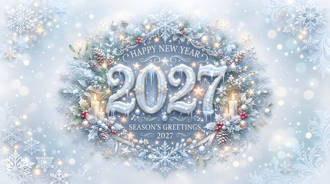 Dynamic and elegant "2027" typography artfully crafted from flowing gold, blue, and red ribbons, adorned with glitter and stars, featuring "HAPPY NEW YEAR" and "GREETINGS" text, isolated on transparen