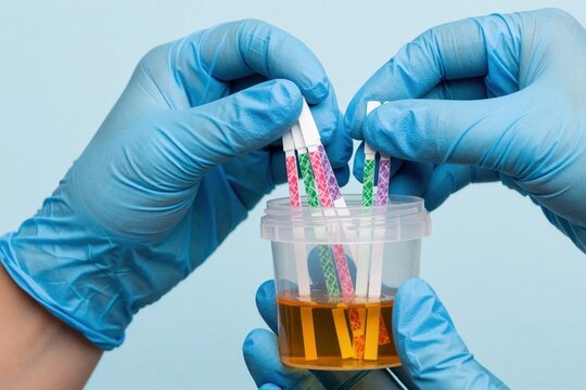 Lab tech in blue gloves drops colorful chemical test strips into small plastic cup with yellow urine sample. Medical professional performs drug screening, alcohol test substance abuse analysis in