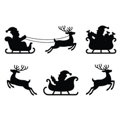 Fototapeta premium Santa claus with reindeer sleigh silhouettes against a white background