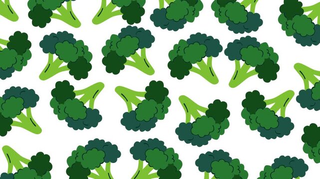Colorful broccoli pattern motion graphic featuring playful green vegetables on a clean white background