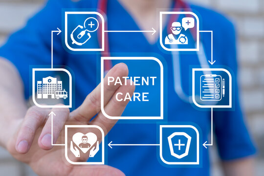 Concept of patient care. Сlinic client health care. Medical support and charity.