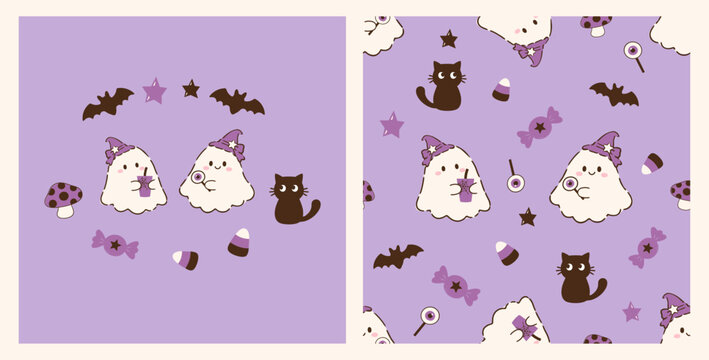 Cute seamless Halloween ghost pattern featuring adorable white ghosts wearing purple witch hats, black cats, flying bats, eyeball lollipops, candy corn, mushrooms and spooky treats on a pastel lavende