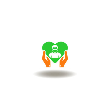 Vector illustration of hands hold heart with satisfied patient. Symbol of patient care. Icon of medicine service satisfied.