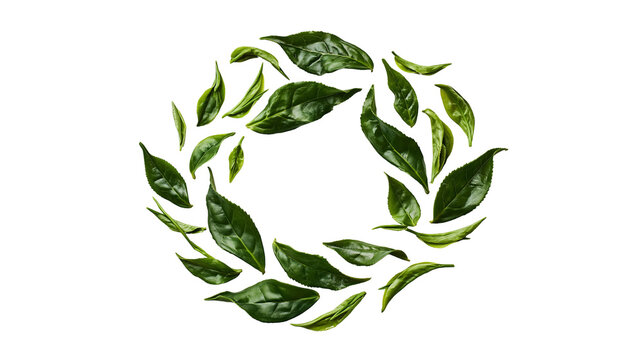 Isolated fresh green tea leaves composition arranged in a beautiful natural circular frame.
