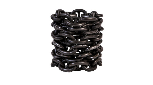 Isolated dark industrial metal chains stacked into a strong and robust cylinder