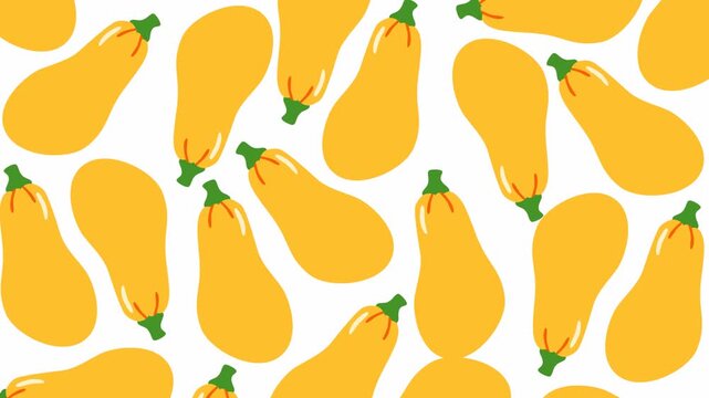 Bright animated seamless pattern featuring fresh yellow squash and green stems on a clean white background