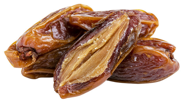 Isolated pile of dried sweet dates with one date cut in half, revealing the sugary interior.