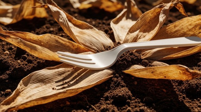 White cornstarch bio plastic fork lies on dry corn husk, dark soil. Biodegradable disposable utensil sits on organic plant material in farm field. Eco friendly cutlery concept for sustainable living,