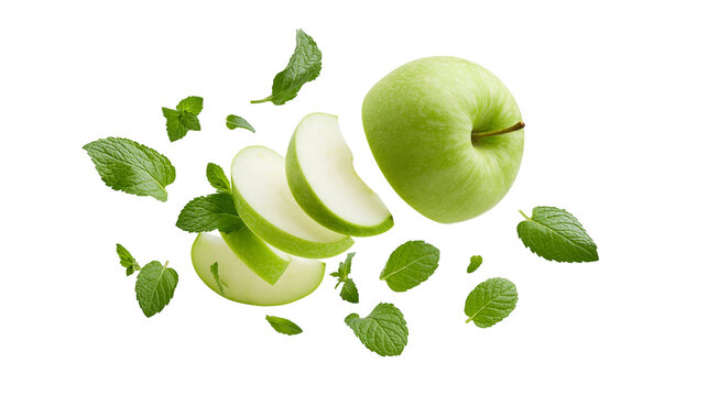 Isolated fresh whole and sliced green apples with refreshing mint leaves freely floating