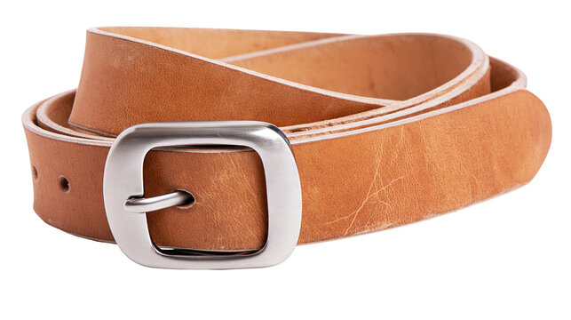 Isolated coiled brown leather belt with a shiny metal buckle, a versatile fashion accessory.