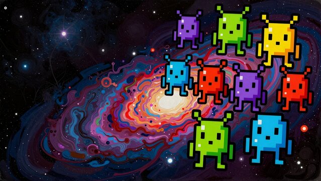 Colorful pixel art aliens in outer space with a vibrant galaxy illustration