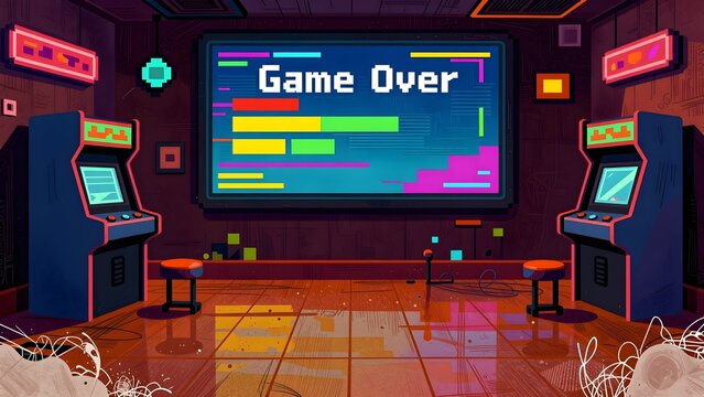 Retro pixel art arcade room with game over screen and vintage machines