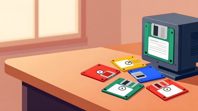Retro computer monitor with floppy disk drive and colorful floppy disks on a desk pixel art