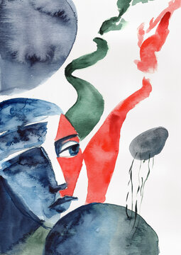 Decision and Choice Concept with Red Figure and Diverging Forms, Hand-Painted Watercolor