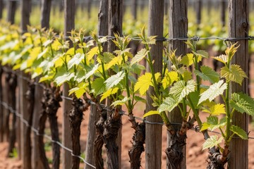 Obraz premium Young green grapevine buds grow on wooden stakes in spring. New leaves emerge from old vines in vineyard. Agriculture worker prepares grape plantation for seasonal growth. Fresh foliage develops on