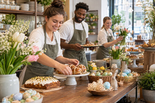 Easter baking and florist shop: A cheerful team of bakers and florists arrange Easter-themed treats and flowers in a beautifully decorated shop, showcasing seasonal delights and holiday spirit.