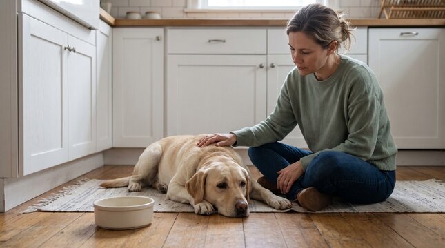 Low energy dog beside worried owner, Pet stomach discomfort affecting home routine, Emotional caregiving during canine illness, Quiet kitchen support scene, Realistic lifestyle photograph