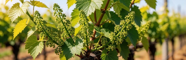 Obraz premium Green grape flowers bloom on vine in sunny vineyard. Fresh blossom clusters grow near rich leaves in spring season. Agriculture plant develops in farm field under bright sunlight for future wine