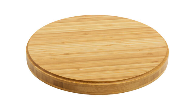 Isolated round bamboo serving board, stand or tray for food presentation and kitchen use