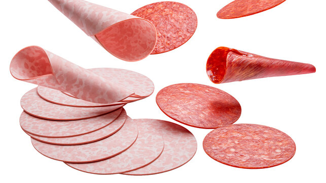 Isolated assortment of thinly sliced processed deli meats including ham and pepperoni