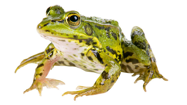 Isolated close-up vibrant green frog amphibian with prominent eyes looking left