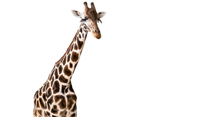 Isolated elegant giraffe head and neck showcasing its unique spotted hide and long lashes © Ioana