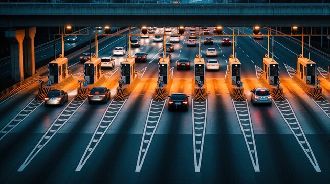 Busy highway toll booth at dusk. Many cars wait in multiple lanes at payment station. Urban traffic flow on large road system under bridge. Vehicles move through automated toll gates during evening