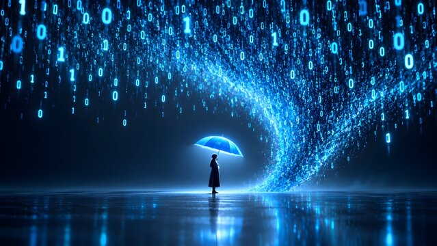 Silhouette of person holding umbrella under a storm of falling binary code. Concept of corporate data privacy and cyber security management.