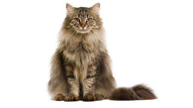 Isolated elegant fluffy tabby cat with captivating golden eyes sitting, looking directly at the camera