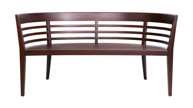 Isolated dark brown wooden bench with slatted back and curved design, elegant modern furniture.