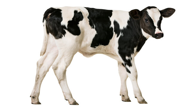 Isolated cute black and white Holstein calf standing looking forward, young farm animal livestock.