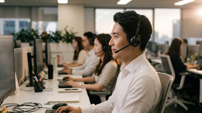 Asian male customer service representative with headset working in modern office, suitable for telemarketing, helpline services and corporate support