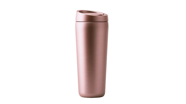 Isolated modern sleek rose gold metallic insulated travel mug with flip-top lid for drinks
