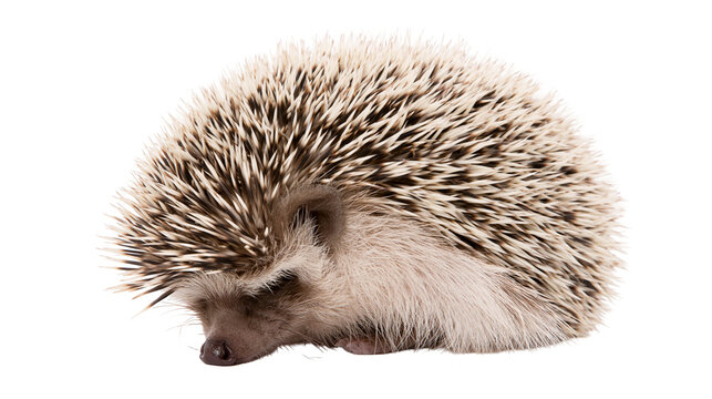 Isolated adorable small African pygmy hedgehog curled up, looking peaceful and charming.