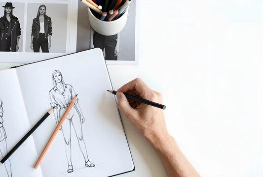 Fashion design and creative process, illustrator drawing clothing sketches in a sketchbook with pencils on a white desk for apparel industry development