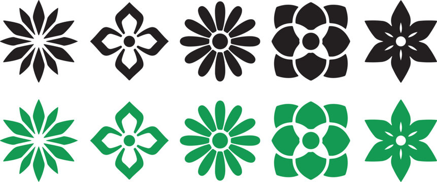 Set of decorative floral and geometric vector icons in black and green color variations