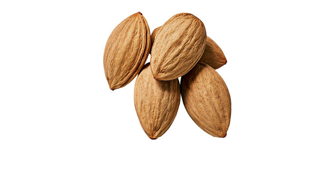 Isolated raw almonds in their natural shells, nutritious and healthy snack food ingredient