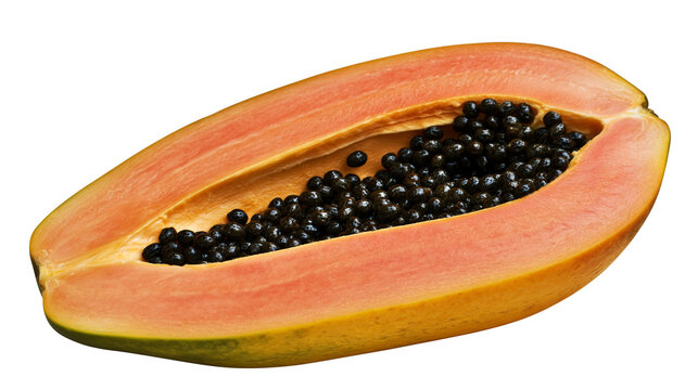 Isolated vibrant orange ripe tropical papaya fruit cut in half with black seeds, healthy food