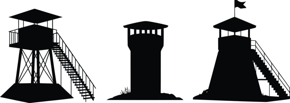 Watchtower silhouette vector set, military observation tower icons, prison guard tower and fire lookout station silhouettes on white background